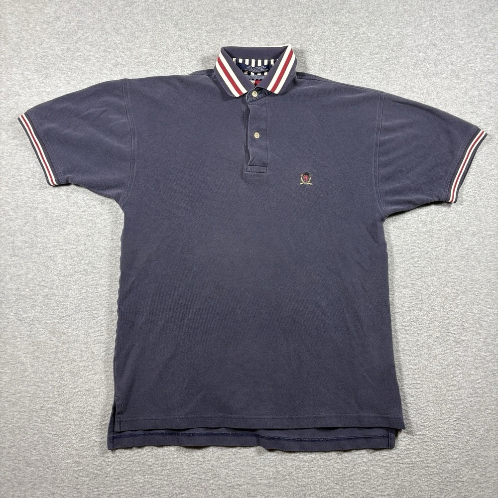 Vintage 90s Tommy Hilfiger Crest Polo Shirt Mens S Navy Striped Sleeve Collar
